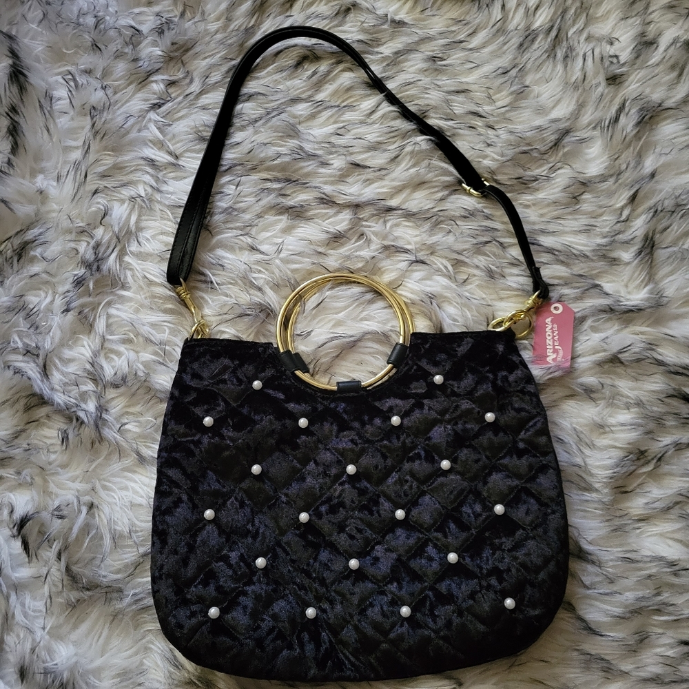 Arizona Jeans Black Velour Pearl Crossbody Bag